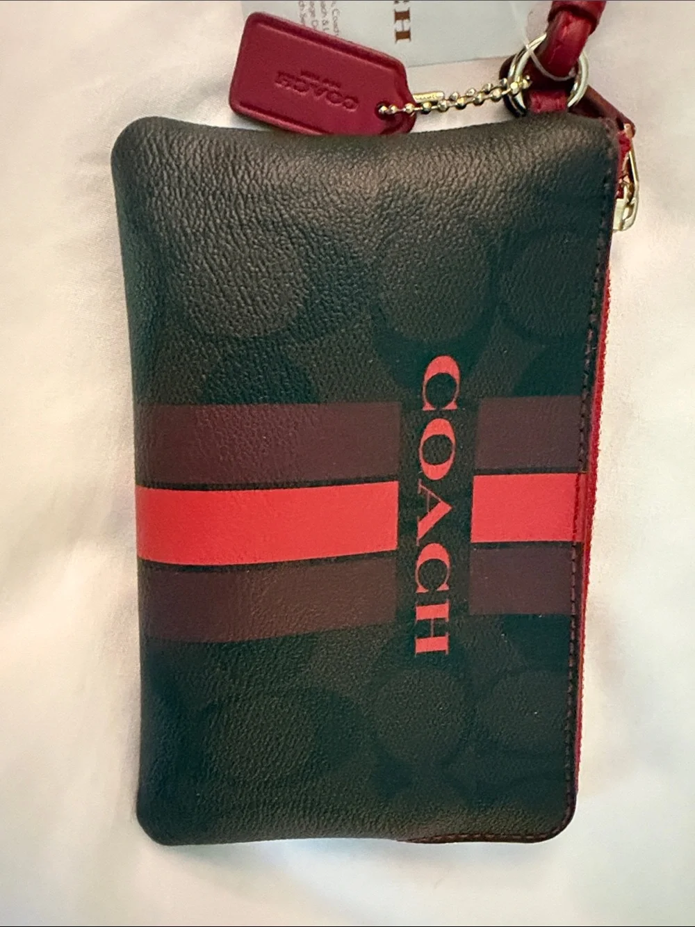 Coach Brown and Red Signature Stripe Wristlet